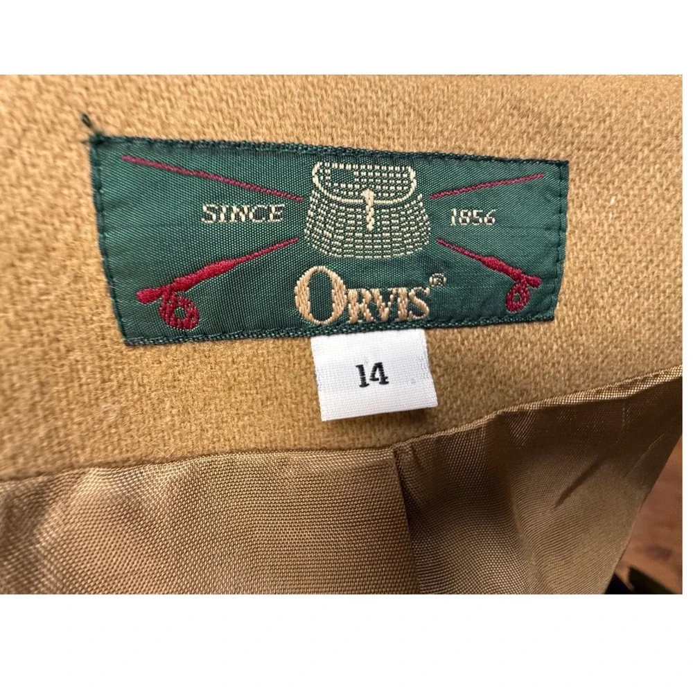 Orvis Women100% Wool Camel Tan Collarless Cropped Blazer Jacket Size 14 USA Made